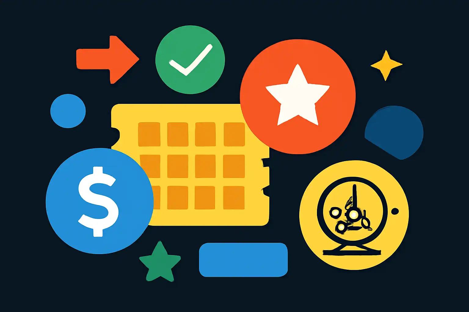 Hero illustration: TC Lottery, modern flat design, dark background, brand-neutral, icons and shapes only, no text