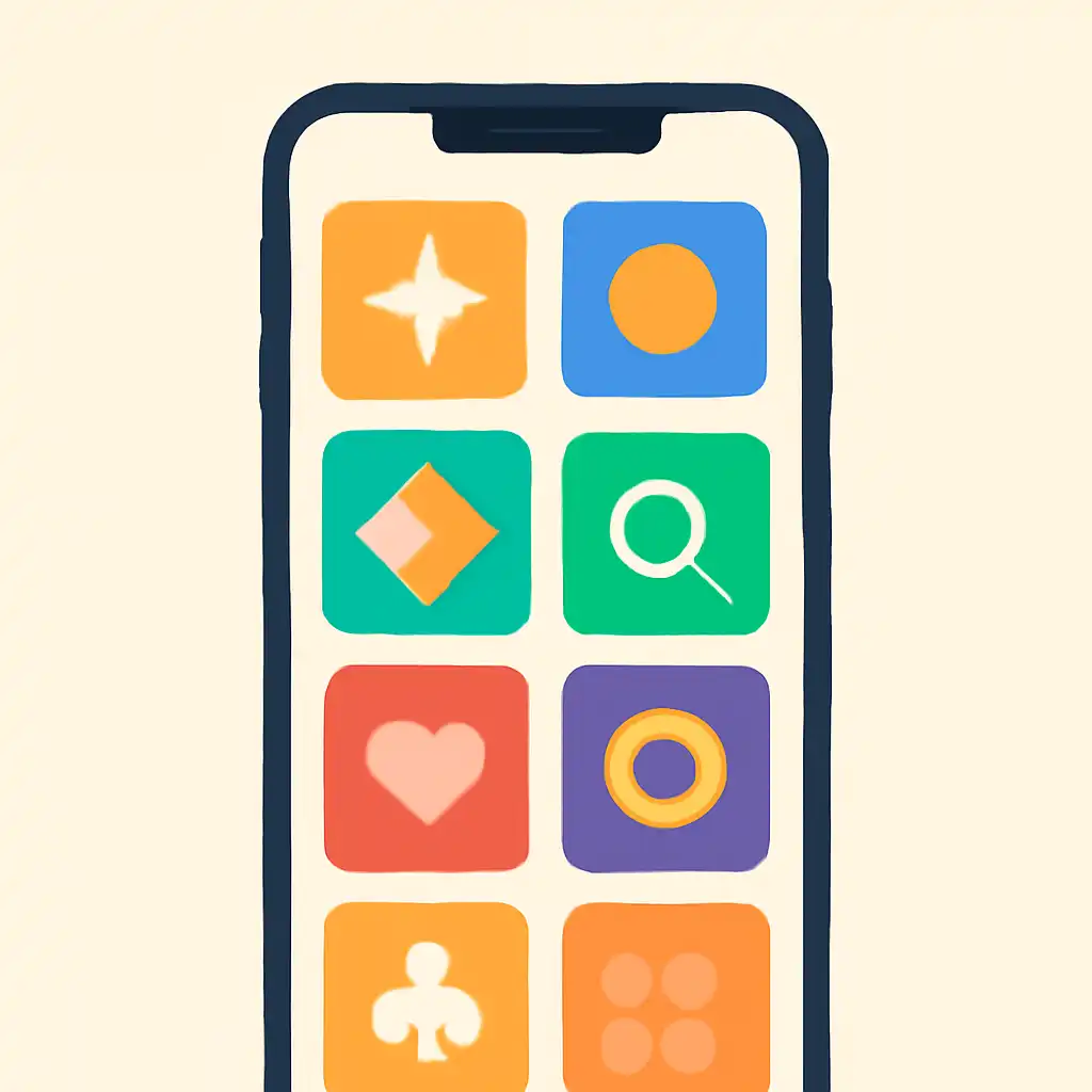 Smartphone shown from the front displaying a colourful flat layout of abstract game icons and rounded tiles (no text, no letters, no labels), TC Lottery