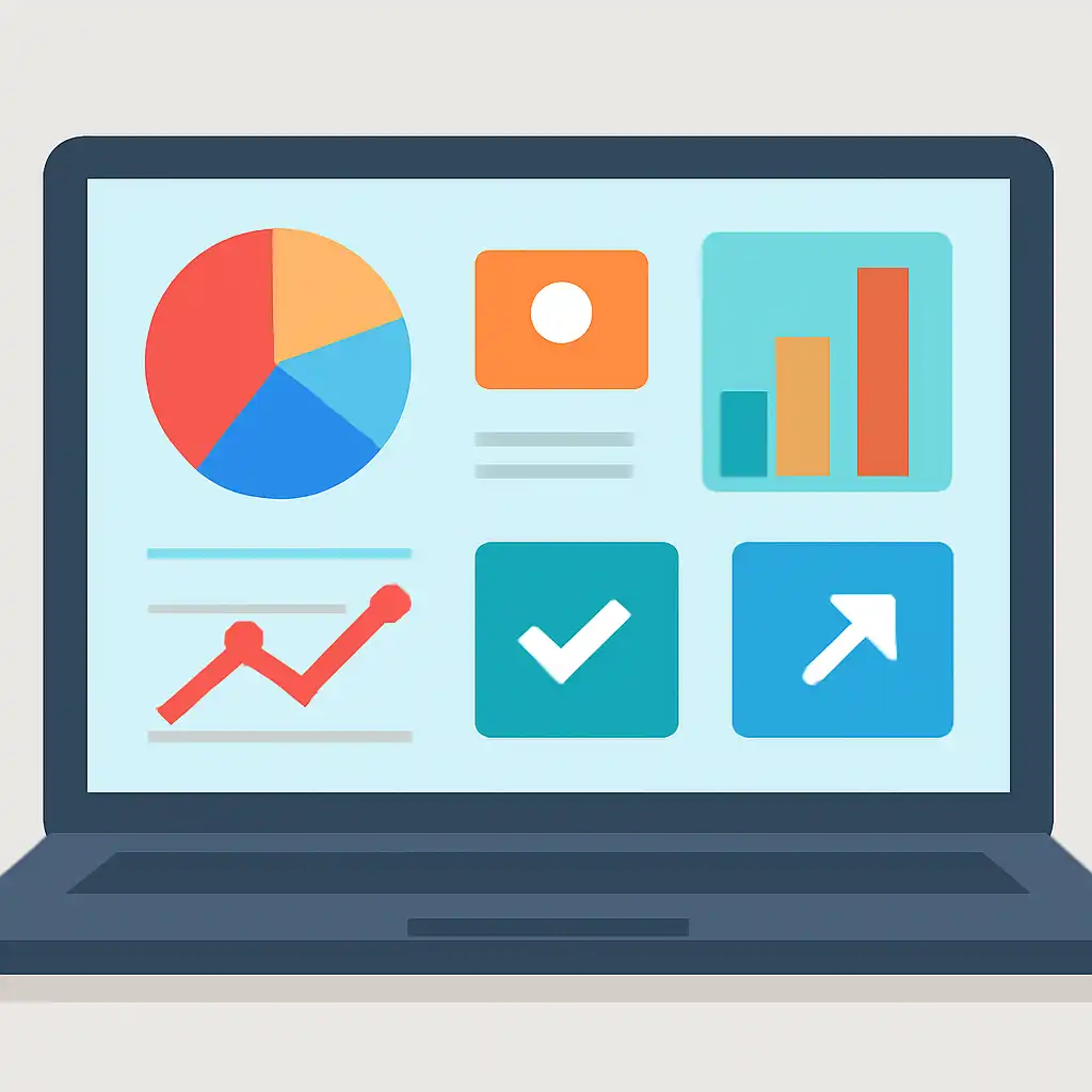 Laptop shown from the front displaying a colourful flat dashboard of abstract charts, bars and icon tiles (no text, no letters, no labels), TC Lottery