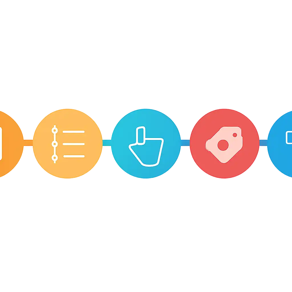Five numbered circular icons connected by arrows in a horizontal flow, flat illustration, icons only, no words, TC Lottery steps